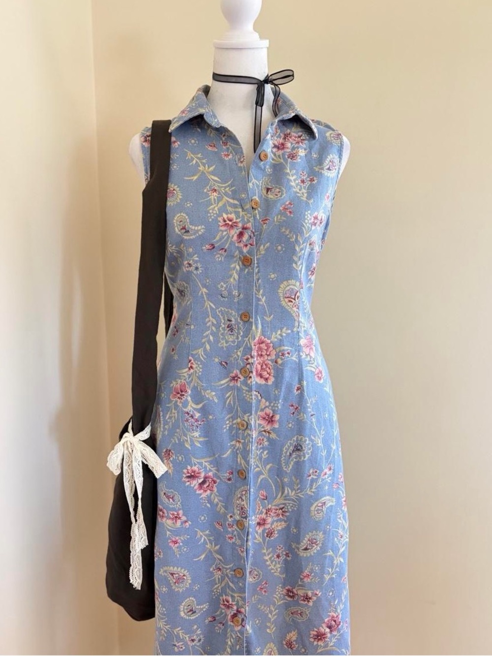 Vintage 90s linen floral paisley blue cottagecore button front midi dress XS 2P
